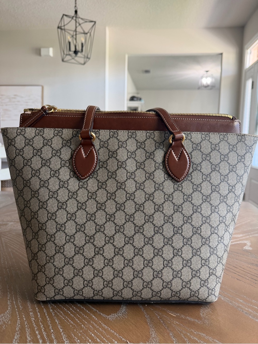 Gucci Brown Trim Beige GG Canvas Tote